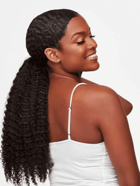 For Kurls Drawstring Ponytail on model against gray background