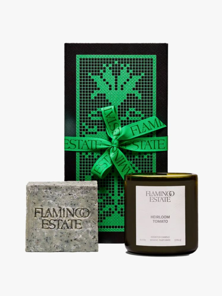Flamingo Estate Bestsellers Set green box, soap brick, and candle on light gray background